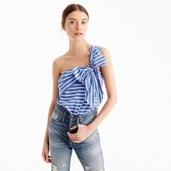 J. Crew Tops - J.Crew One Shoulder Top Blouse Blue Striped Bow Cotton Size 0 NWT